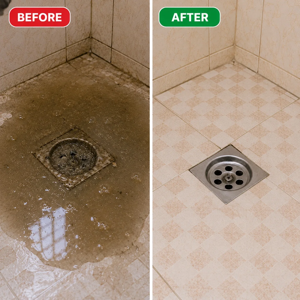 Bathroom drain before and after Tornado Clog Powder