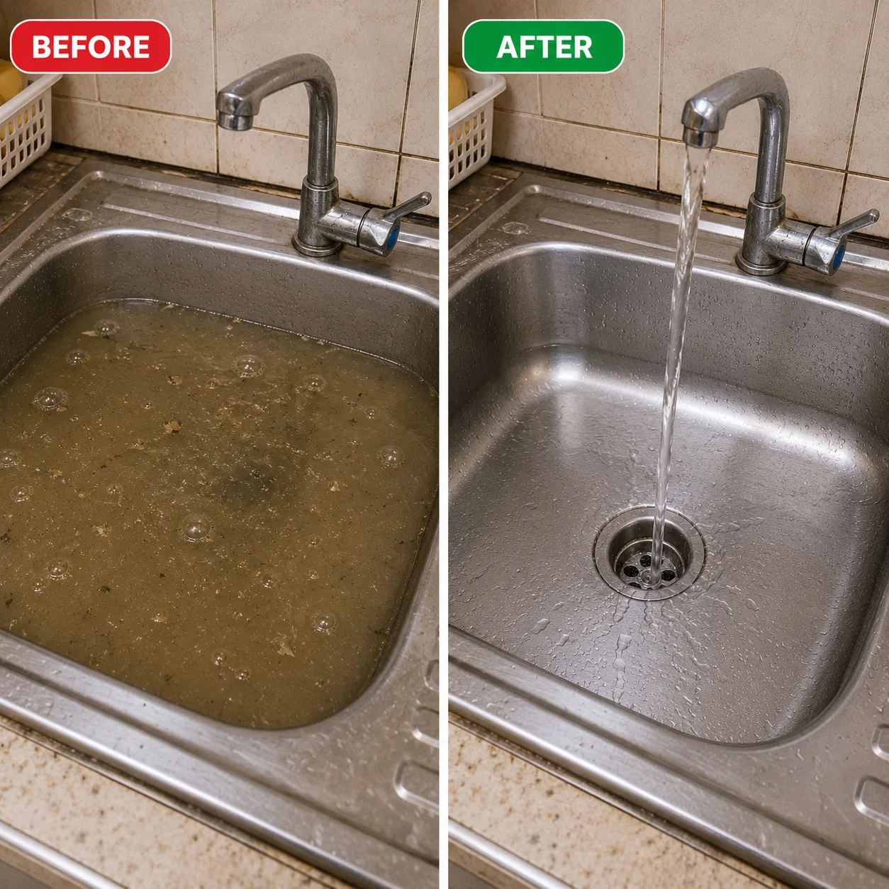 Kitchen sink before and after Tornado Clog Powder