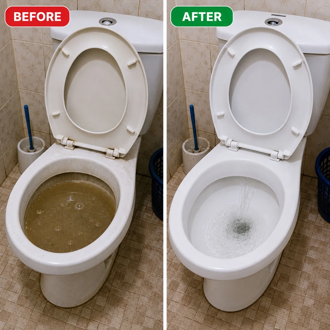 Toilet drain before and after Tornado Clog Powder