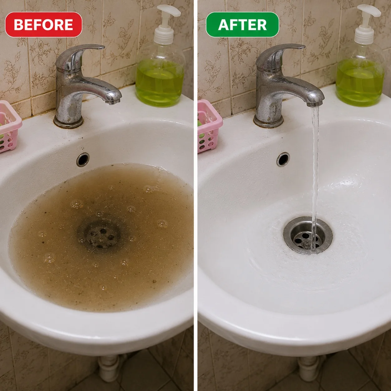 Wash-hand basin drain before and after Tornado Clog Powder