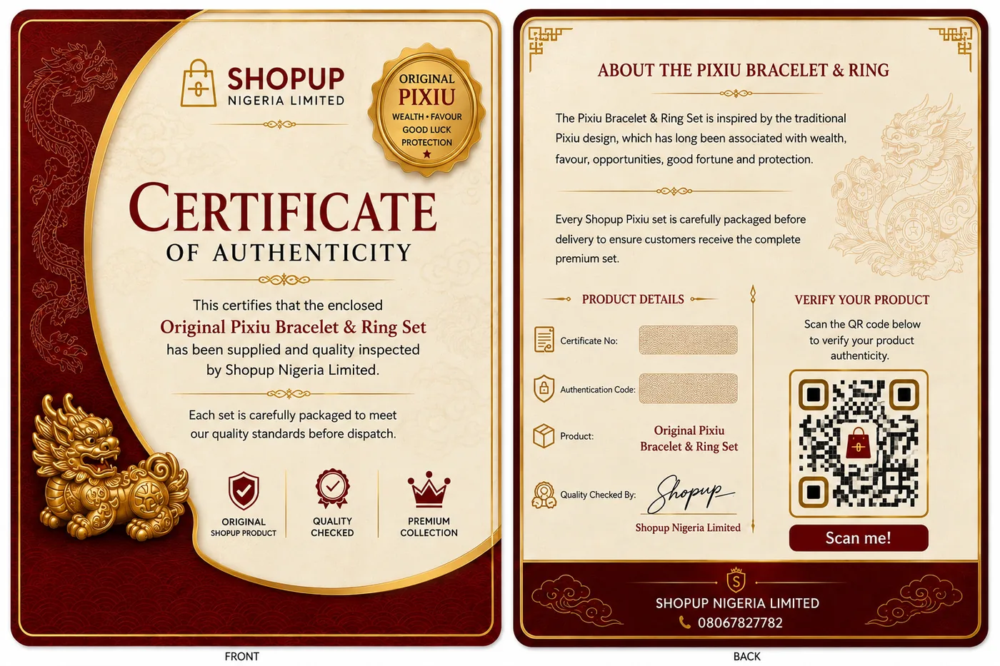 Official Shopup Pixiu Certificate of Authenticity — Front and Back